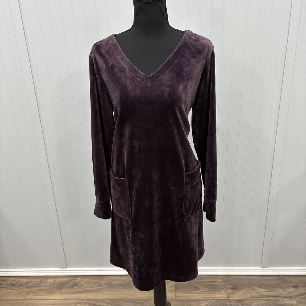 Pure J Jill Womens Large Petite Purple Velour Stretch Long Sleeve Pocket Dress